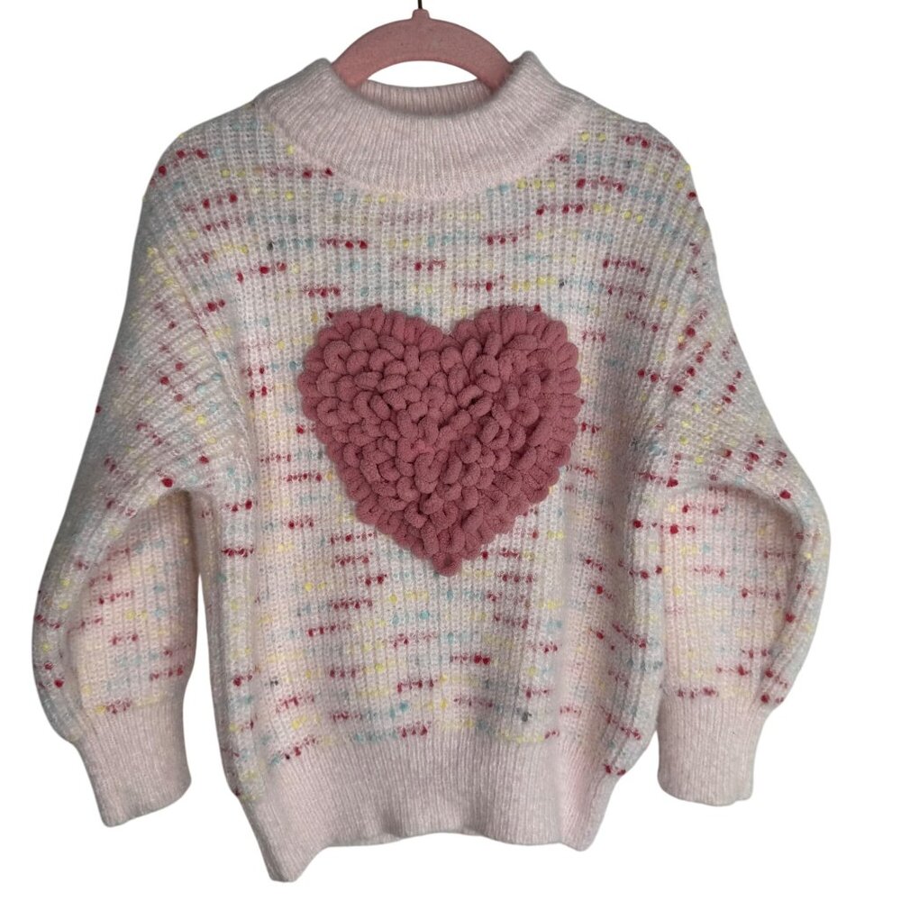 Toddler Girls 3T Pink Speckled Knit Sweater 3D Textured Heart Cozy Warm Soft